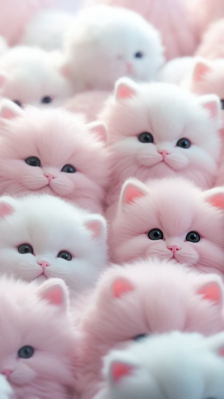 A top-down video shot of fluffy pink and white kittens, creating a dreamy, soft-focus effect