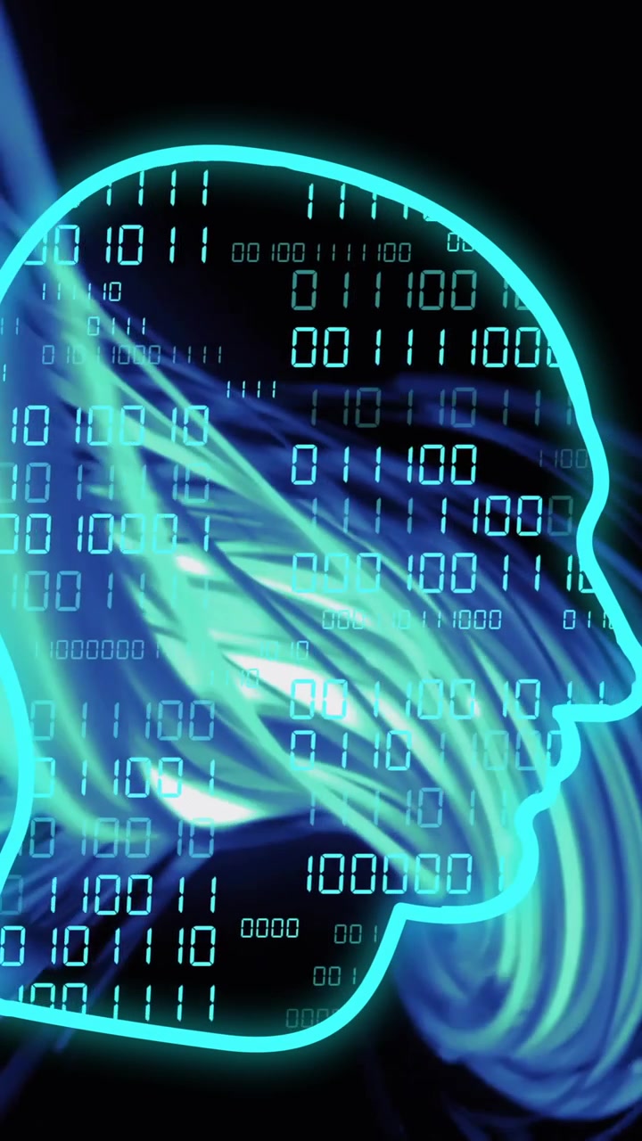 Animation of head silhouette with data processing over light trails on black background