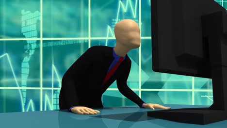 animation presenting 3dman sitting in front of a screen