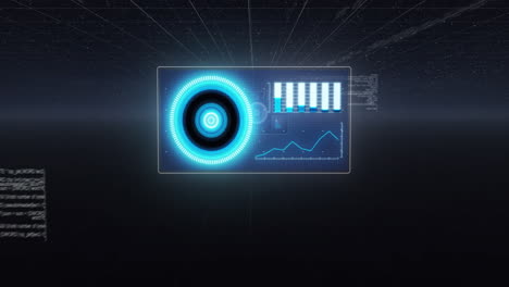 animación del escaneo del alcance, el registro estadístico y el procesamiento de datos en pantalla sobre fondo azul