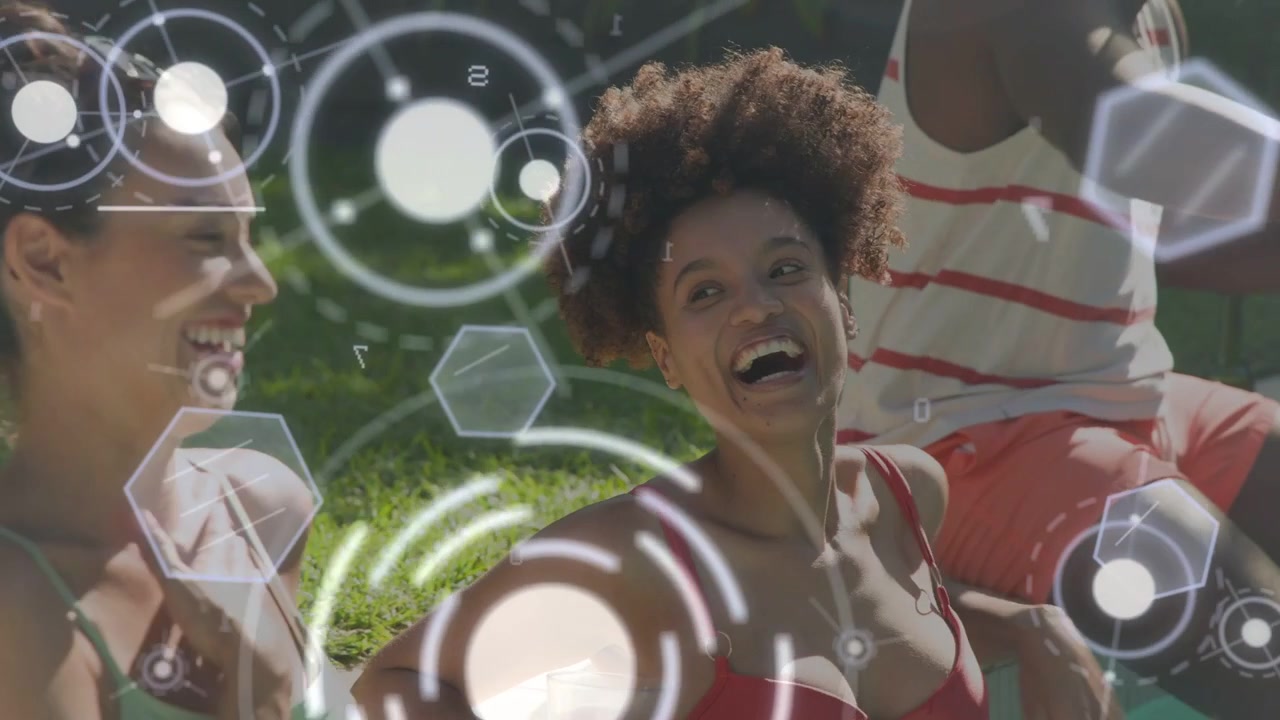 Two women laughing poolside, conversation sparking man walking, HUD overlay tracking for marketing
