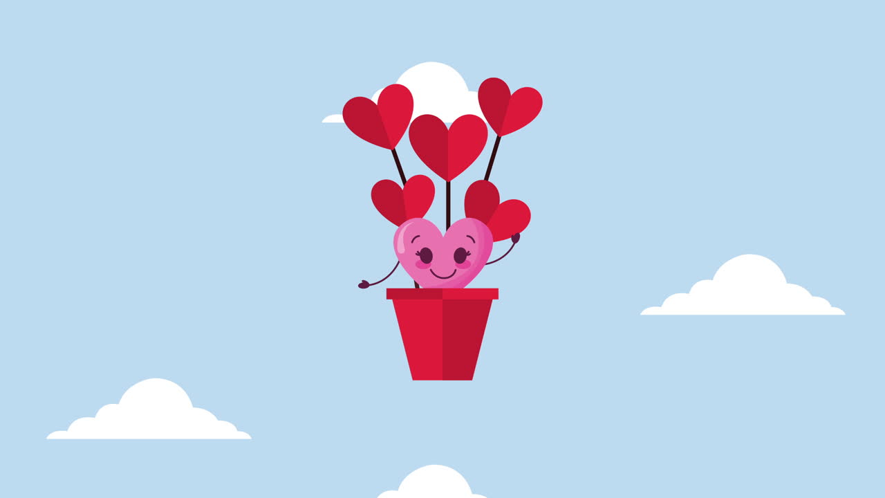 발렌타인 카드와 사랑의 심장이 풍선 공기에서 날아가는 뜨거운