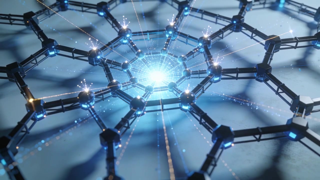 Growing central core driving particle bursts along hexagonal lattice on cool surface, nodes flaring