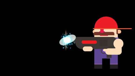 un hombre con bigote y gorra roja disparando una pistola láser.