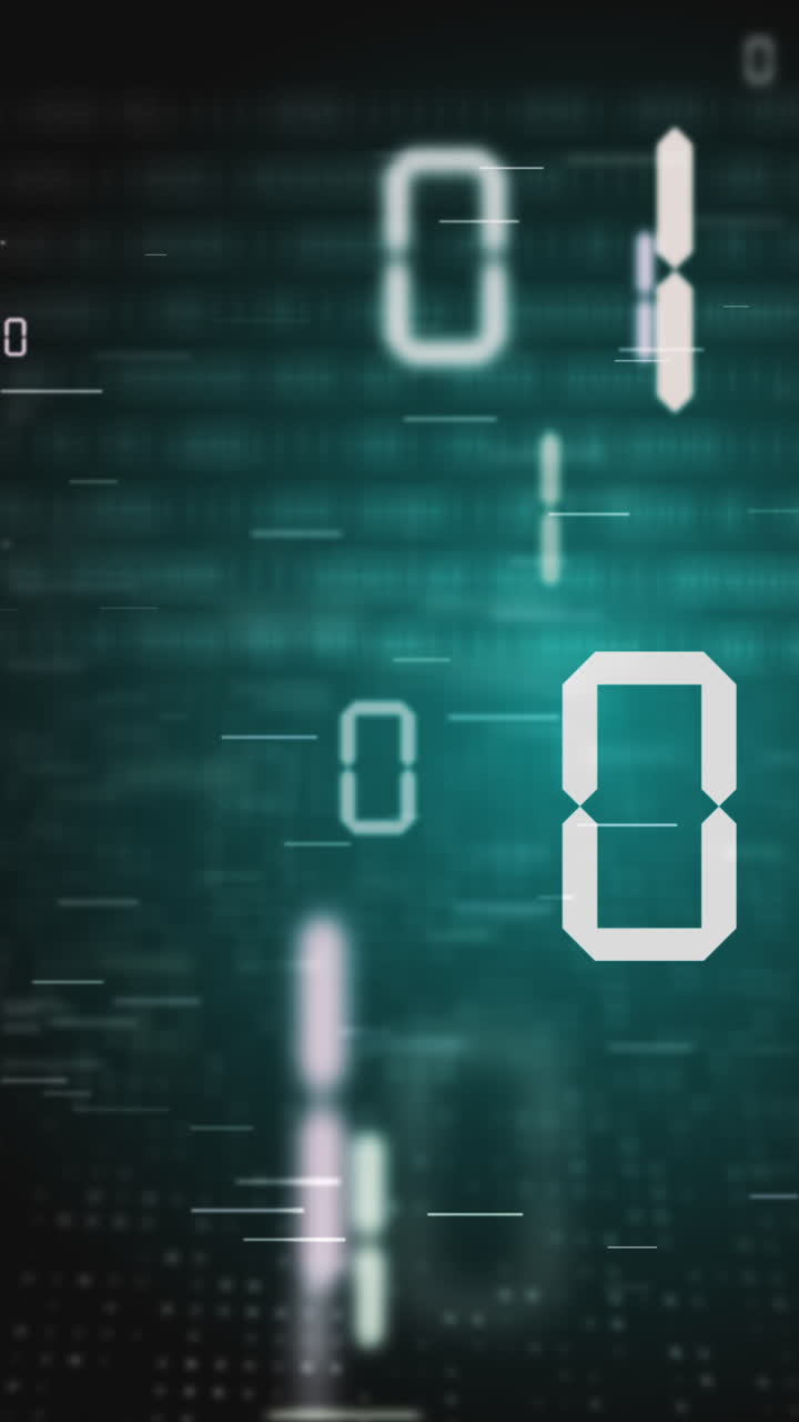 Chaotic movement of digital electronic symbols of zeros and ones. Binary code on blue background with flashing dots. Looped motion graphics. Vertical video.