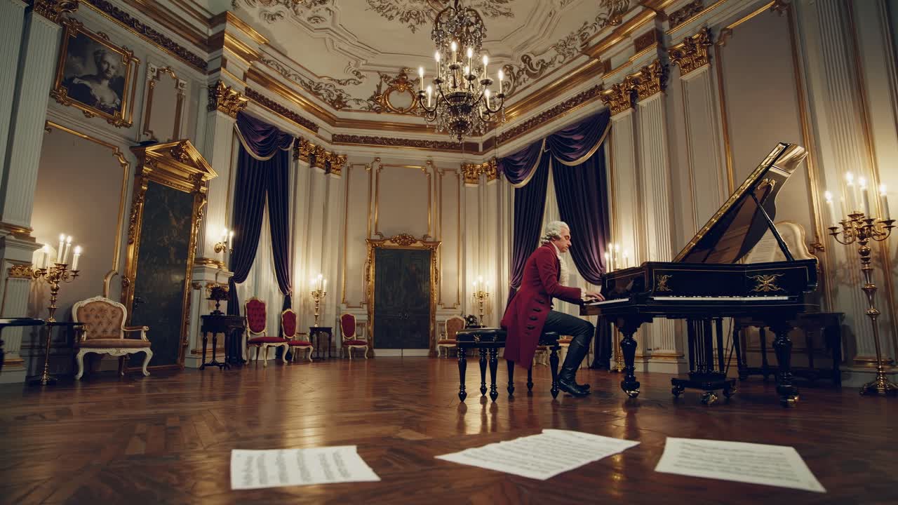 Elegant video scene of a pianist in a lavish, baroque-style room