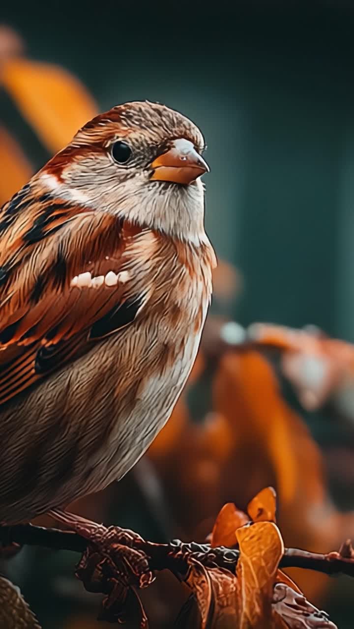 Un primo piano accattivante di un passero colorato tra foglie autunnali in un clima piovoso, che mostra le sue caratteristiche vivide e la bellezza naturale.