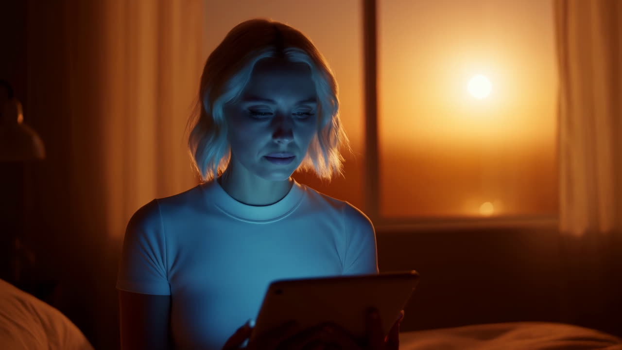 Caucasian Woman Reading Tablet In Warm Dusk Bedroom, Blue Screen Casting Cool Light On Thoughtful Face, Sunset