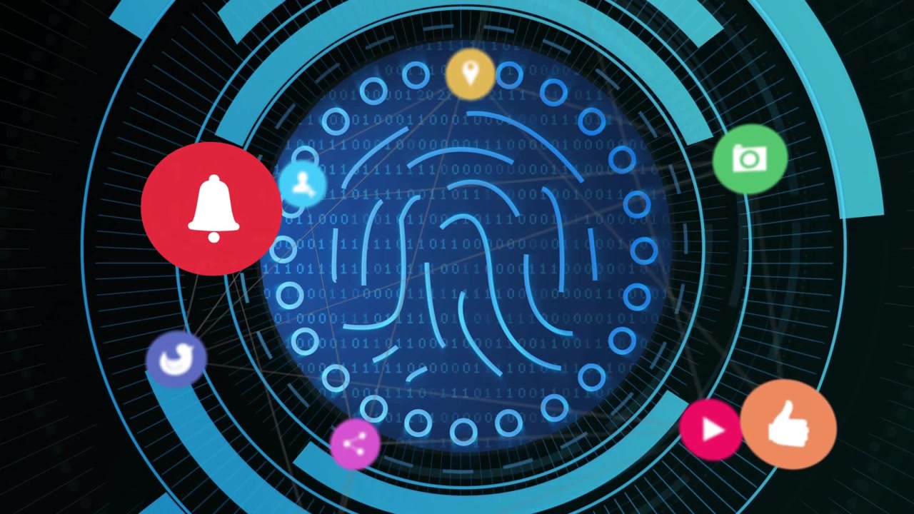 Fingerprint anchoring cyan rings, network converging and orbiting icons forming security HUD