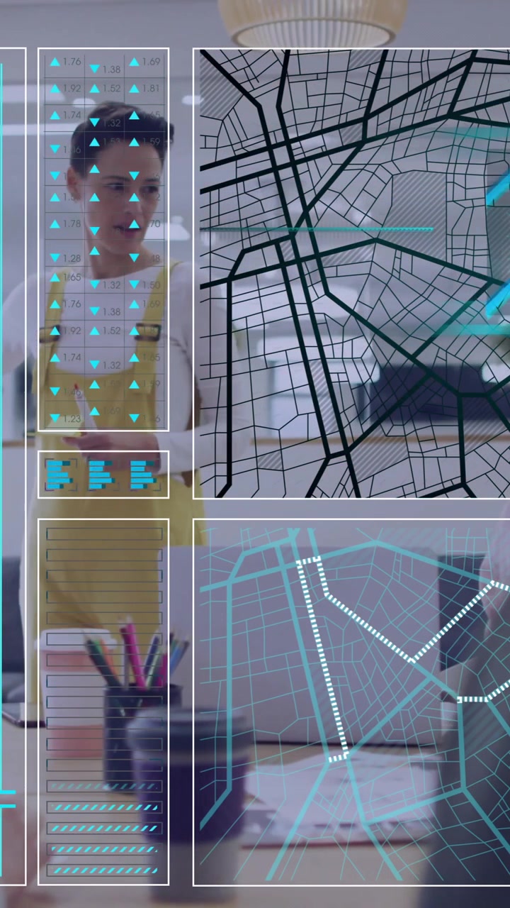 Analyzing data and graphs animation over diverse business people in office