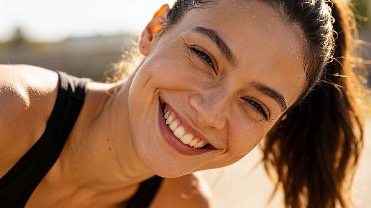 Donna sorridente finisce l'allenamento, chinandosi verso la telecamera su sabbia illuminata dal sole, indossando un top sportivo nero.