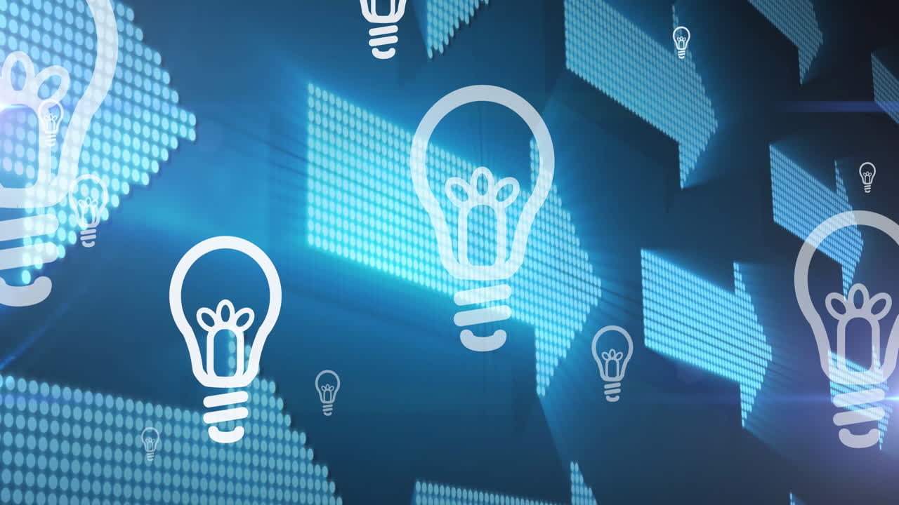 파란색 배경에 오른쪽을 가리키는 디지털 화살표 위에 움직이는  ⁇ 색 전구의 애니메이션