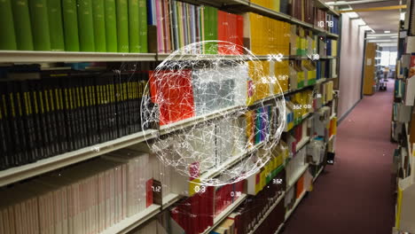 animation of globe with network of connections over shelves with books in library