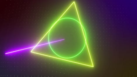 Animation-of-rotating-yellow,-orange,-green-neon-shapes-with-pink-and-blue-lasers,-on-black