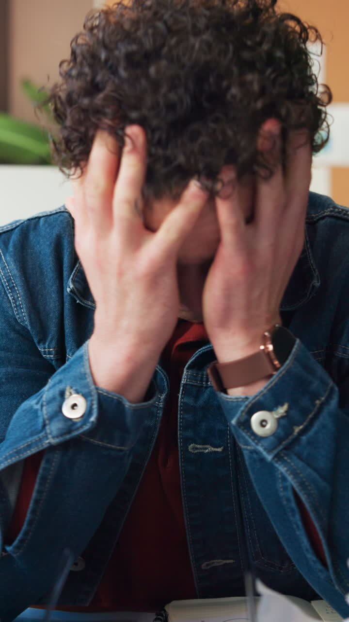 Stressed Young Man Covering Face with Hands at Desk