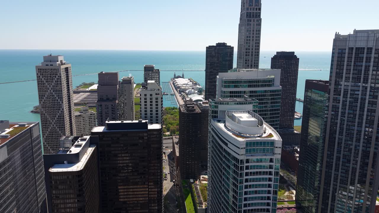 Drone Shot of Navy Pier and Downtown Buildings on Chicago USA on Sunny Day