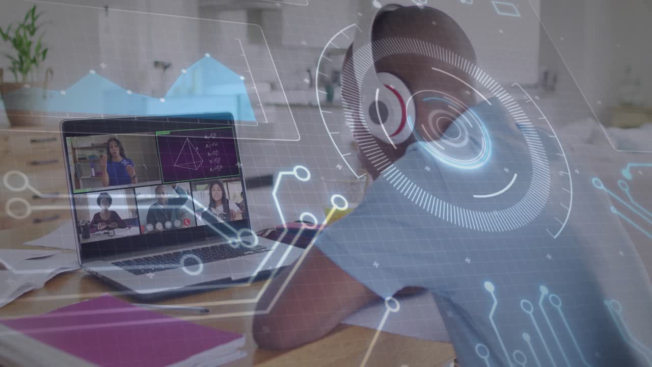 Adolescente che prende appunti nell'istruzione online, con grafici a forma d'onda HUD che collegano il laptop e le cuffie.