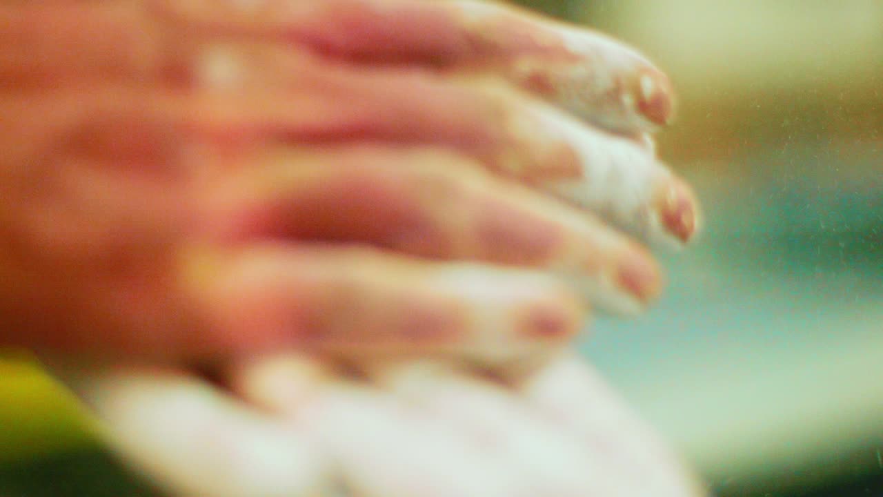 primer plano extremo de aplaudir y frotarse las manos con polvo de tiza