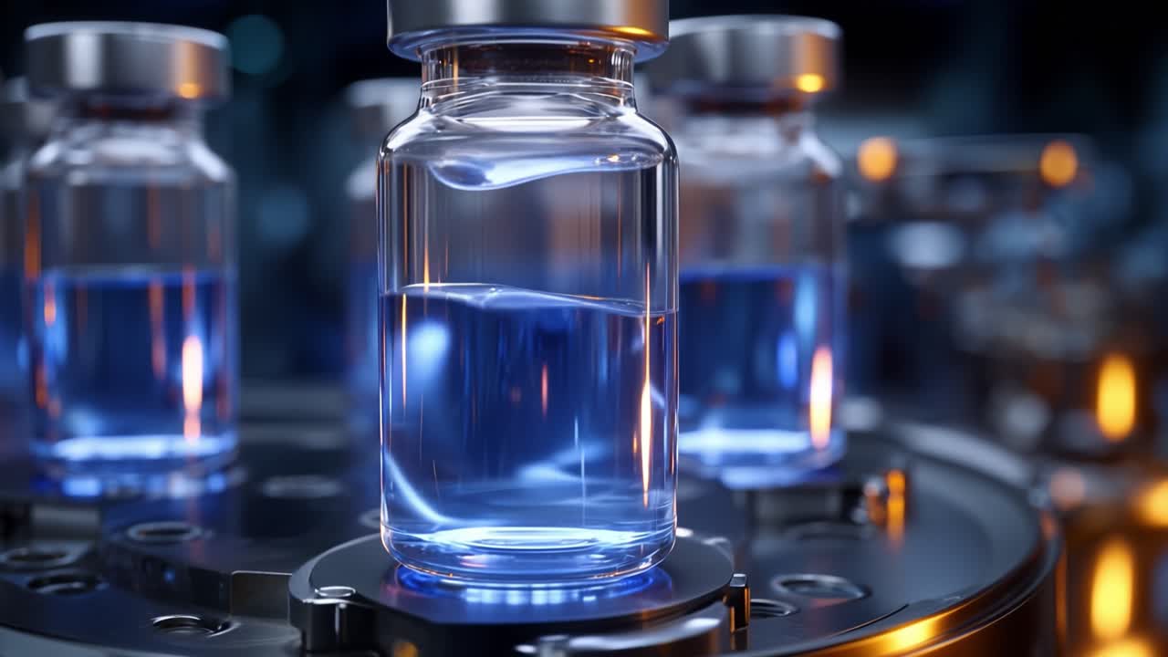 A Close-Up Look at Transparent Vials Containing Liquid on a Rotating Machine Surface in an Industrial Setting, Highlighting the Precision of Modern Technology