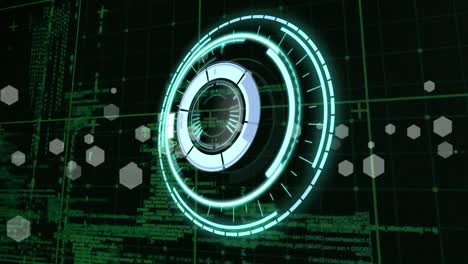 animation of scope scanning over data processing and network of connections with glowing spots