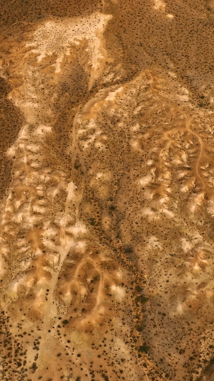 Descending above the driest landscape covered with little plants. Top view over the California desert near the parking lot and highway. Vertical video