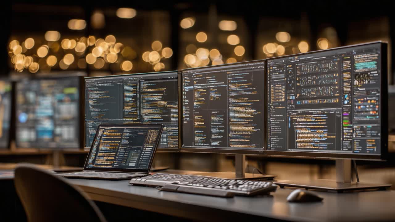 A High-Tech Workspace with Multiple Monitors Displaying Code and Data, Highlighting Modern Programming and Development Tools in a Dynamic Environment
