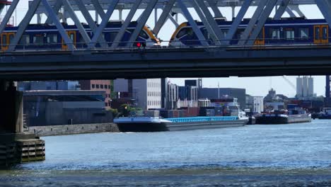 Train-On-Railway-Bridge-Over-The-Oude-Maas-River-In-Dordrecht,-Netherlands