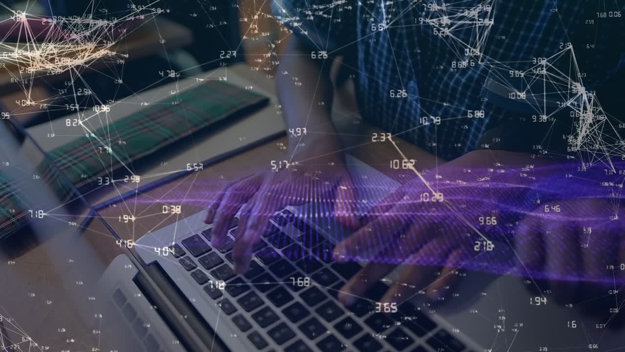 Animation of network of connections over data processing and cityscape