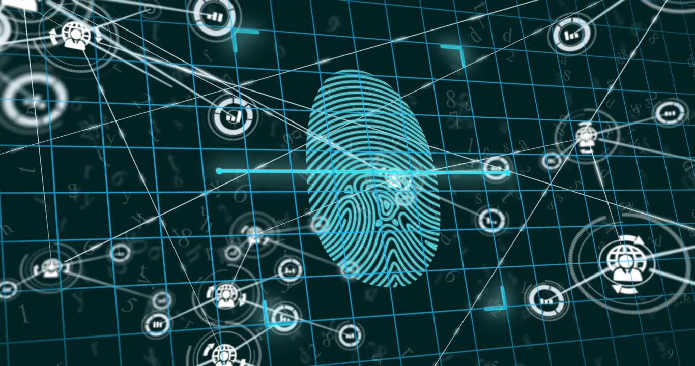 Animation of biometric fingerprint, network of connections with icons and data processing