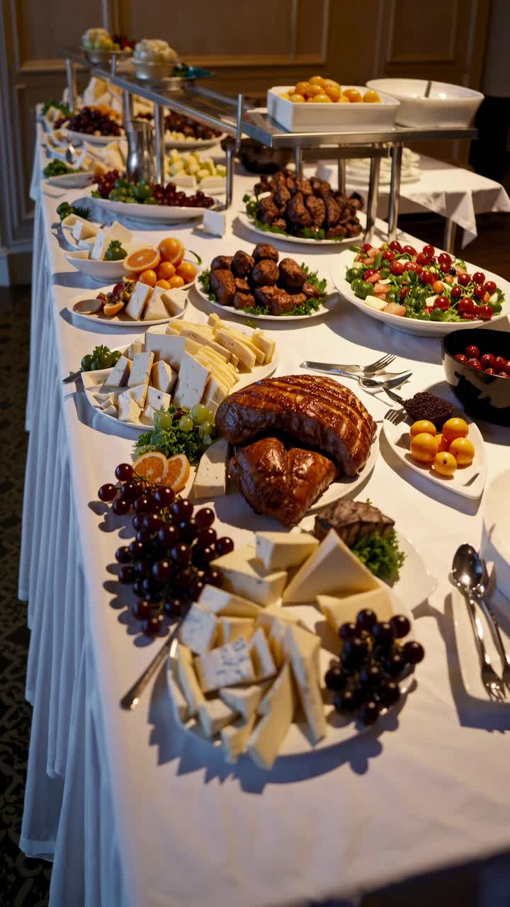 Vista aerea di un ricco buffet con assortimento di formaggi, frutta e salumi su sfondo bianco