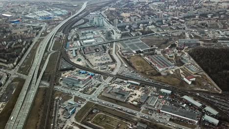 aerial view of a busy industrial and urban cityscape