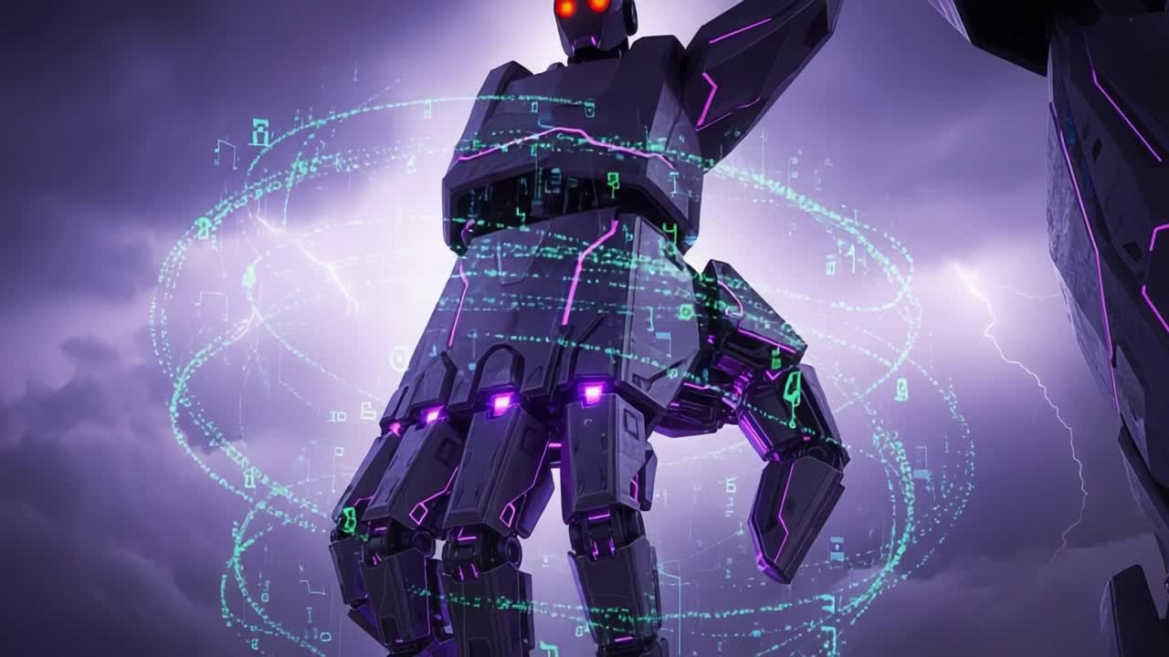 A Futuristic Robotic Hand Manipulating Data Circles Amidst Stormy Skies, Signifying Advanced Technology and Artificial Intelligence in a Dramatic Sci-Fi Setting