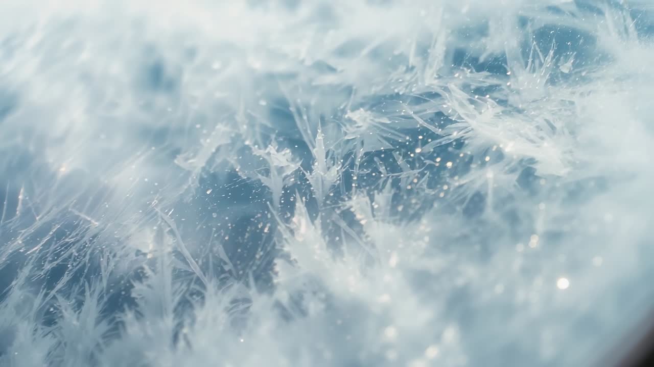 Contacting window pane, cold air inducing frost crystals forming and sparkling light