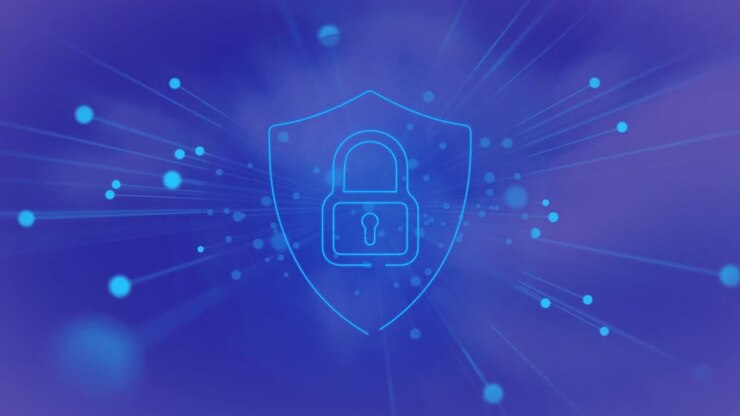 Animation of padlock, network of connections with icons on blue background
