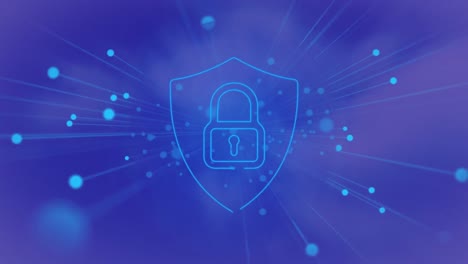 animation of padlock, network of connections with icons on blue background