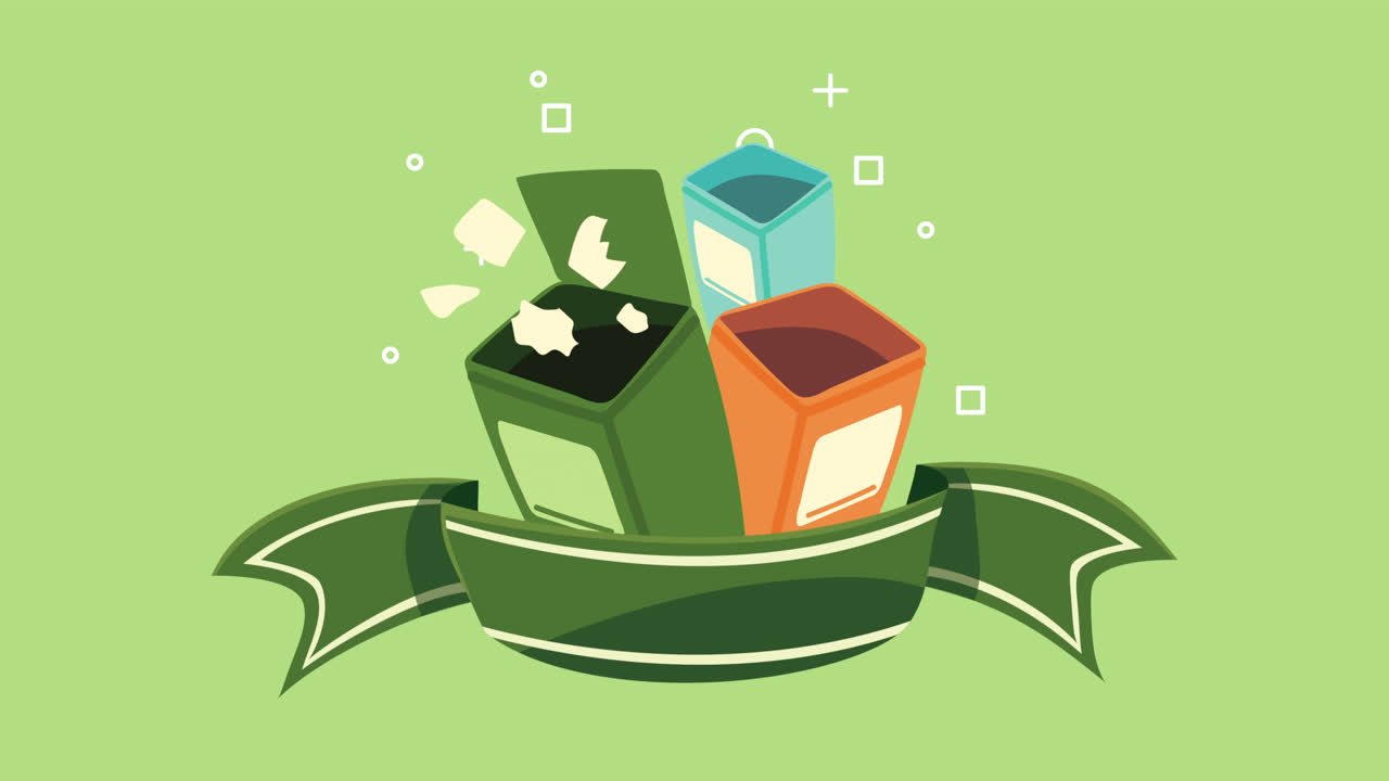 리본에 쓰레기통을 가진 생태학 애니메이션