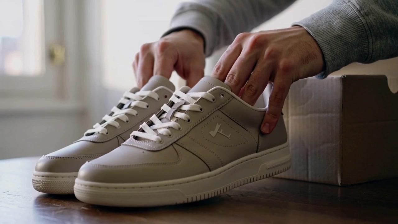Aprendo una scatola di scarpe, mani con maniche lunghe grigie sollevano scarpe da ginnastica beige su un tavolo di legno vicino alla finestra, allineandole.