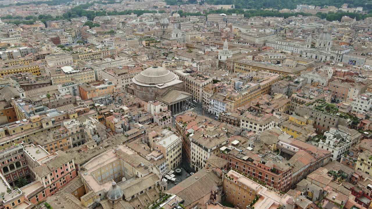 Iconic Pantheon in Rome, Italy, historic architecture on cloudy day, drone, 4K
