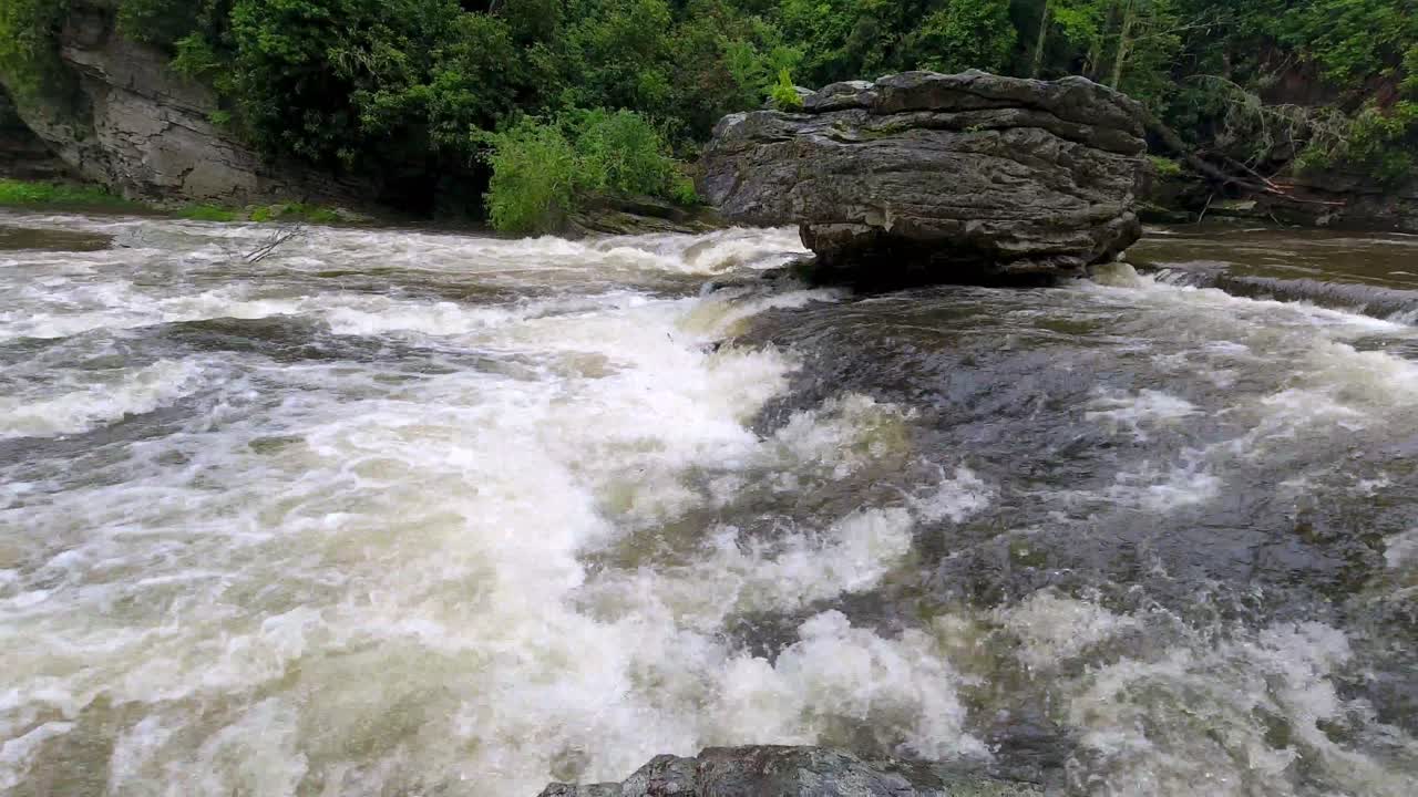 L'acqua scorre lungo il fiume Linville sotto la cascata Linville Falls