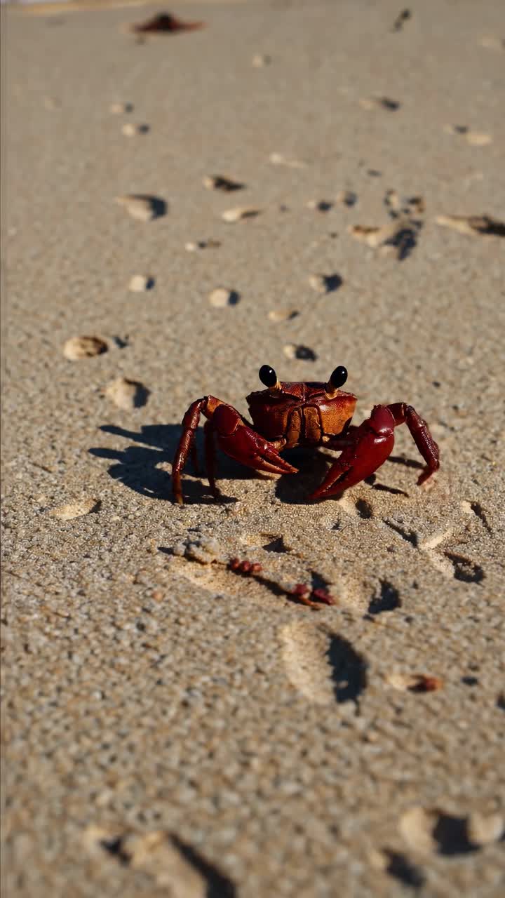 Close-up video shot of a crab on sandy beach, captured from a low angle. The focus is on the crab's