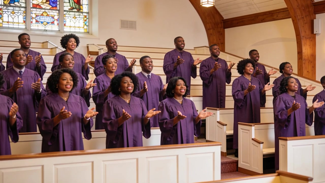 Singing choir to worship music, clapping raising hands in choir loft, purple robes, stained glass