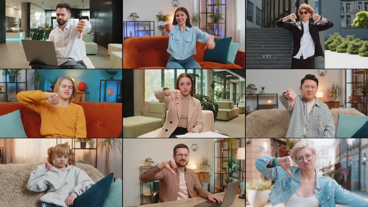 collage de molesto frustrado diversas personas da pulgares hacia abajo retroalimentación negativa desaprobación fracasar perder