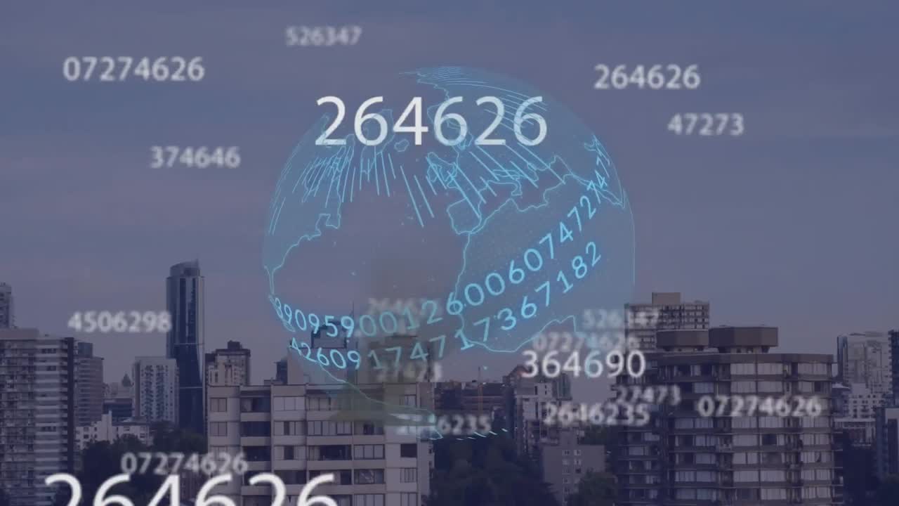 múltiples números cambiantes sobre el procesamiento de datos de codificación binaria en el globo giratorio contra el paisaje urbano