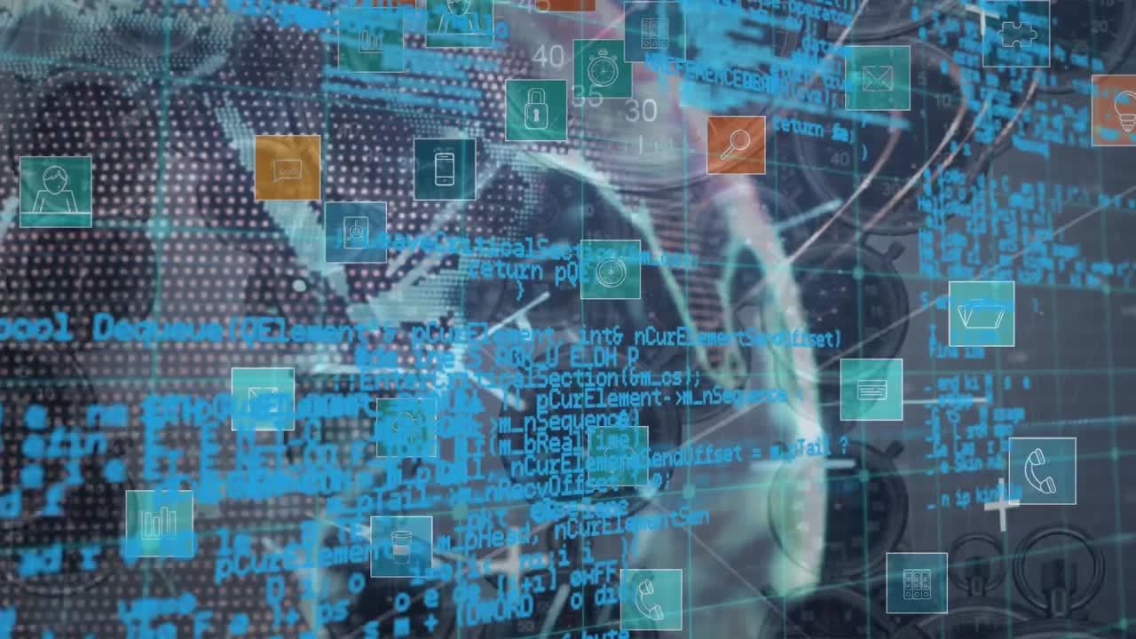 animación del procesamiento de datos sobre iconos y relojes móviles