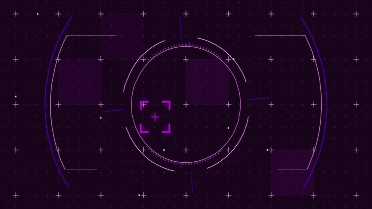 Animation of glowing purple squares and scope scanning with markers over grid background