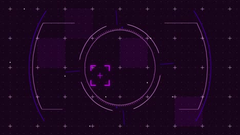 Animation-Leuchtender-Violetter-Quadrate-Und-Scannen-Des-Zielfernrohrs-Mit-Markierungen-über-Dem-Gitterhintergrund