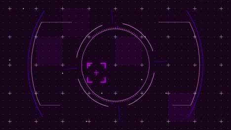 animación de cuadrados púrpuras brillantes y escaneo de alcance con marcadores sobre el fondo de la cuadrícula