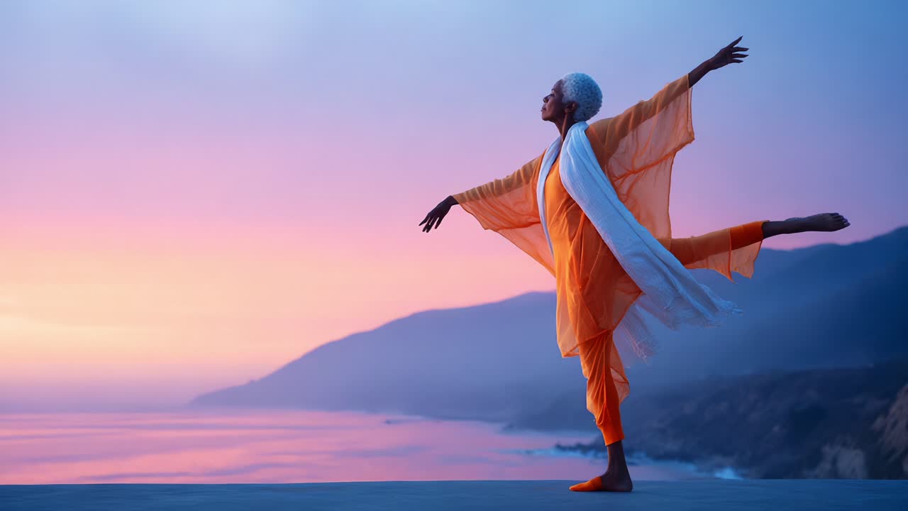 A serene moment of a graceful dancer in an orange outfit, effortlessly posing against a breathtaking sunset backdrop, capturing the essence of tranquility and elegance
