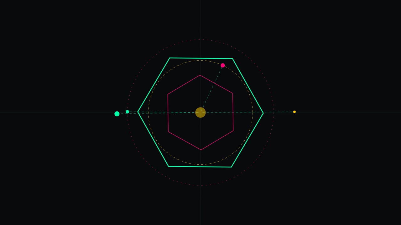 Abstract Geometric Motion Graphics with Rotating Hexagons and Orbiting Dots