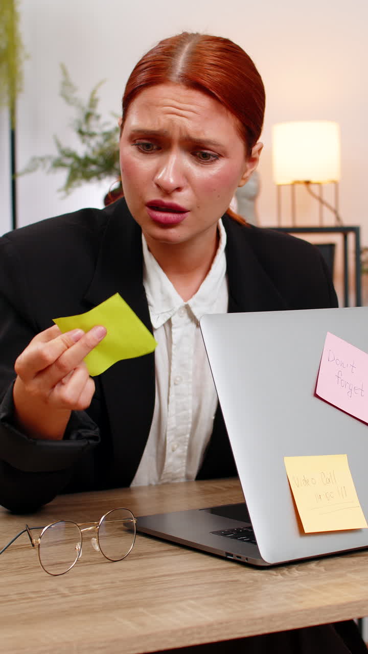 Young businesswoman stressed by sticky notes on laptop tosses notes fearing unfinished tasks today